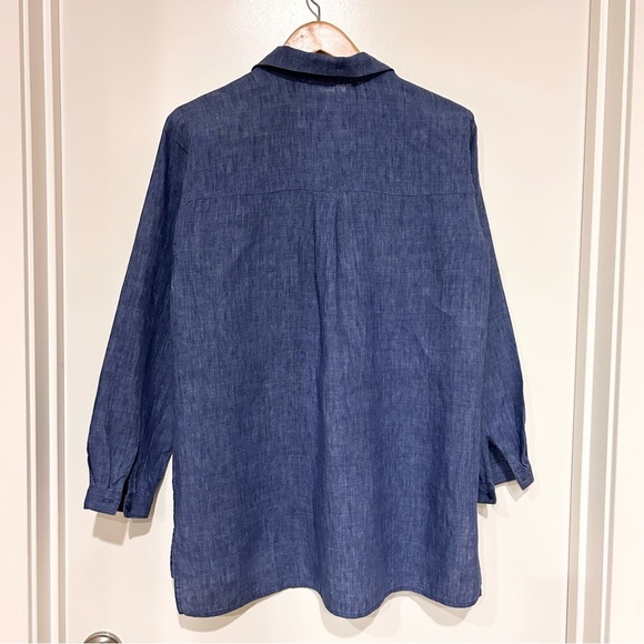 $169 Eileen Fisher Yarn-Dyed Handkerchief Organic Linen Shirt size large blue - Picture 7 of 11
